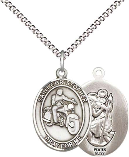 Everlasting Light Jewelry Medium Women's Pewter Saint St. Christopher Motorcycle Pendant Necklace on 18- inch Rhodium- Plated Lite Curb Brass Chain, Catholic Medal - Patron Saint. of Travelers & Motorists – Gift Box