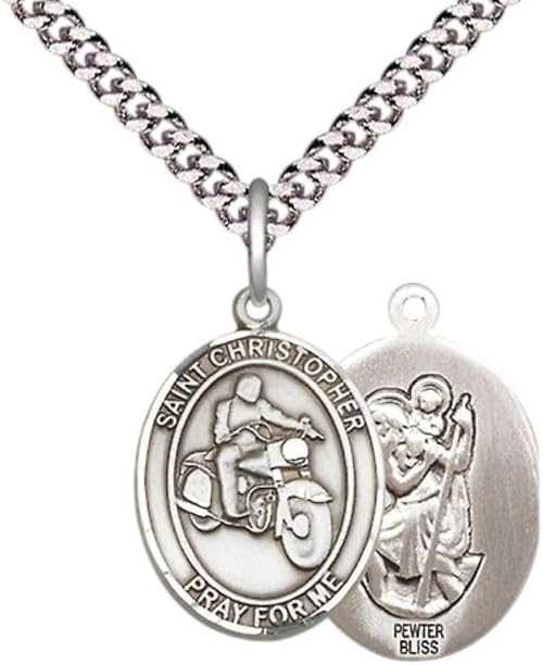 Medium Mens Oval Pewter Saint St. Christopher Motorcycle Medal Pendant on 24 Inch Rhodium Plated Heavy Curb Brass Chain w/ Lobster Claw Clasp, Catholic Religious Necklace - Made in USA- Velvet Gift Box