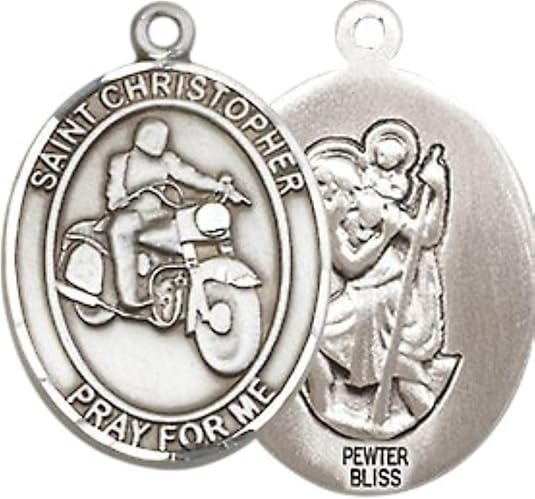 Medium Men's Pewter Saint St. Christopher Motorcycle Medal Pendant on 24 Inch Endless Rhodium Plated Heavy Curb Brass Chain, Catholic Religious Necklace - Made in USA- Deluxe Velvet Gift Box