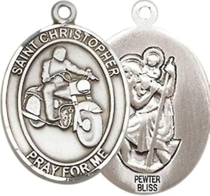Medium Men's Pewter Saint St. Christopher Motorcycle Medal Pendant on 24 Inch Endless Rhodium Plated Heavy Curb Brass Chain, Catholic Religious Necklace - Made in USA- Deluxe Velvet Gift Box