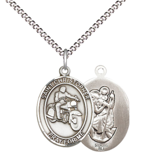 Medium Women's .925 Sterling Silver Saint St. Christopher Motorcycle Pendant Necklace on 18 Inch Rhodium Plated Lite Curb Brass Chain – Patron Saint St. of Travelers & Motorists, Catholic Medal – Velvet Gift Box Included