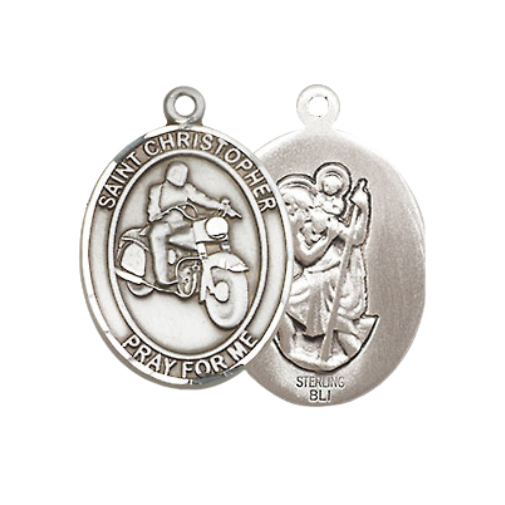 Medium Women's .925 Sterling Silver Saint St. Christopher Motorcycle Pendant Necklace on 18 Inch Rhodium Plated Lite Curb Brass Chain – Patron Saint St. of Travelers & Motorists, Catholic Medal – Velvet Gift Box Included