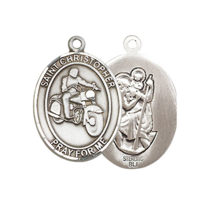Medium Women's .925 Sterling Silver Saint St. Christopher Motorcycle Pendant Necklace on 18 Inch Rhodium Plated Lite Curb Brass Chain – Patron Saint St. of Travelers & Motorists, Catholic Medal – Velvet Gift Box Included