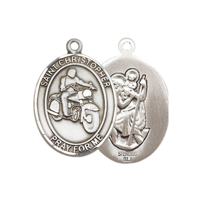 Medium Mens Oval .925 Sterling Silver Saint St. Christopher Motorcycle Medal Pendant on 24 Inch Rhodium Plated Heavy Curb Brass Chain w/ Lobster Claw Clasp, Catholic Religious Necklace - Made in USA- Gift Boxed
