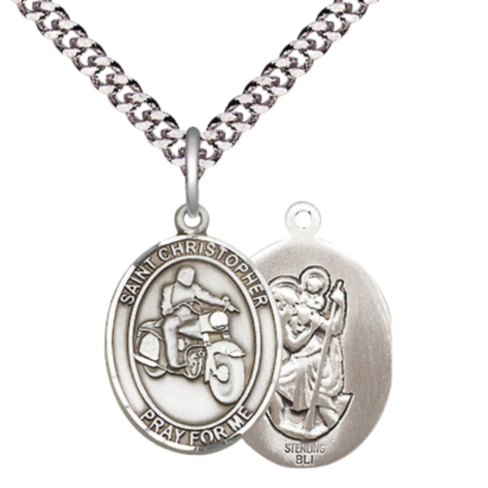 Medium Men's .925 Sterling Silver Saint St.Christopher Motorcycle Medal Pendant on 24 Inch Endless Rhodium Plated Heavy Curb Brass Chain, Catholic Religious Necklace -Made in USA- Deluxe Velvet Gift Box