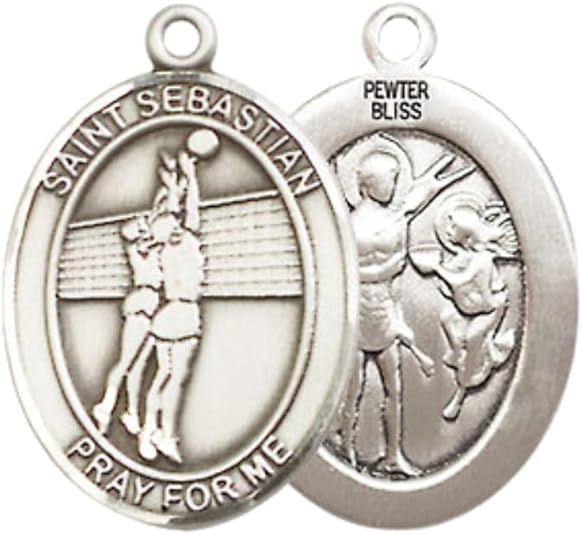 Everlasting Light Jewelry Medium Women's Pewter Saint St. Sebastian Volleyball Pendant Necklace on 18- inch Rhodium- Plated Lite Curb Brass Chain – Patron Saint St. of Athletes & Soldiers, Catholic Medal – Velvet Gift Box Included