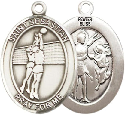 Everlasting Light Jewelry Medium Women's Pewter Saint St. Sebastian Volleyball Pendant Necklace on 18- inch Rhodium- Plated Lite Curb Brass Chain – Patron Saint St. of Athletes & Soldiers, Catholic Medal – Velvet Gift Box Included