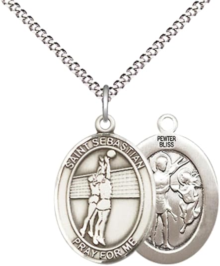 Everlasting Light Jewelry Medium Women's Pewter Saint St. Sebastian Volleyball Pendant Necklace on 18- inch Rhodium- Plated Lite Curb Brass Chain – Patron Saint St. of Athletes & Soldiers, Catholic Medal – Velvet Gift Box Included
