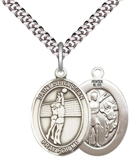 Medium Men's Pewter Saint St. Sebastian Volleyball Medal Pendant on 24 Inch Endless Rhodium Plated Heavy Curb Brass Chain, Catholic Religious Necklace - Made in USA- Deluxe Velvet Gift Box