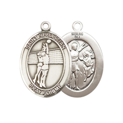 Medium Women's .925 Sterling Silver Saint St. Sebastian Volleyball Pendant Necklace on 18 Inch Rhodium Plated Lite Curb Brass Chain – Patron Saint St. of Athletes & Soldiers, Catholic Medal – Velvet Gift Box Included