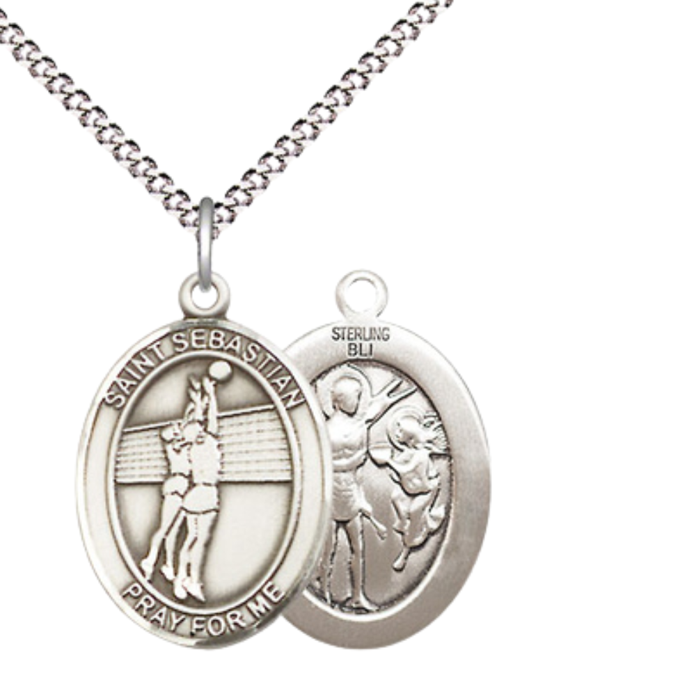 Medium Women's .925 Sterling Silver Saint St. Sebastian Volleyball Pendant Necklace on 18 Inch Rhodium Plated Lite Curb Brass Chain – Patron Saint St. of Athletes & Soldiers, Catholic Medal – Velvet Gift Box Included