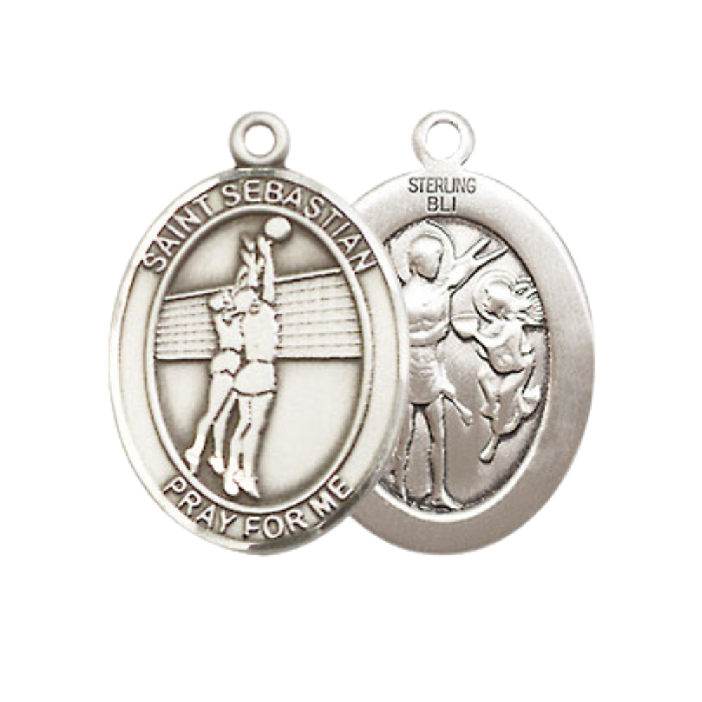 Medium Men's .925 Sterling Silver Saint St. Sebastian Volleyball Medal Pendant on 24 Inch Endless Rhodium Plated Heavy Curb Brass Chain, Catholic Religious Necklace - Made in USA- Deluxe Velvet Gift Box
