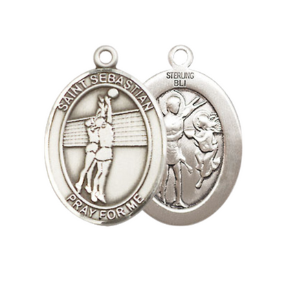 Medium Men's .925 Sterling Silver Saint St. Sebastian Volleyball Medal Pendant on 24 Inch Endless Rhodium Plated Heavy Curb Brass Chain, Catholic Religious Necklace - Made in USA- Deluxe Velvet Gift Box
