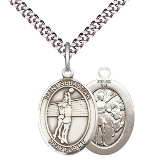 Medium Men's .925 Sterling Silver Saint St. Sebastian Volleyball Medal Pendant on 24 Inch Endless Rhodium Plated Heavy Curb Brass Chain, Catholic Religious Necklace - Made in USA- Deluxe Velvet Gift Box