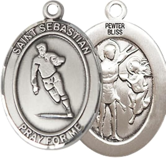 Medium Men's Pewter Saint St. Sebastian Rugby Medal Pendant on 24 Inch Endless Rhodium Plated Heavy Curb Brass Chain, Catholic Religious Necklace - Made in USA- Deluxe Velvet Gift Box
