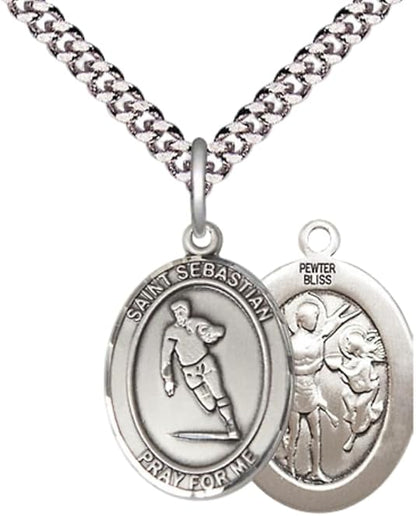 Medium Men's Pewter Saint St. Sebastian Rugby Medal Pendant on 24 Inch Endless Rhodium Plated Heavy Curb Brass Chain, Catholic Religious Necklace - Made in USA- Deluxe Velvet Gift Box