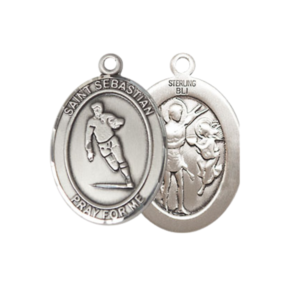 Everlasting Light Jewelry Medium Women's .925 Sterling Silver Saint St. Sebastian Rugby Pendant Necklace on 18 Inch Rhodium Plated Lite Curb Brass Chain – Patron Saint St. of Athletes & Soldiers, Catholic Medal – Velvet Gift Box Included