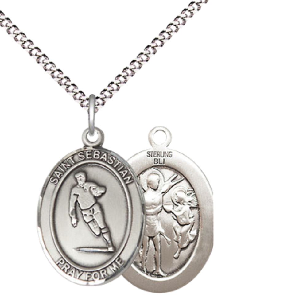 Everlasting Light Jewelry Medium Women's .925 Sterling Silver Saint St. Sebastian Rugby Pendant Necklace on 18 Inch Rhodium Plated Lite Curb Brass Chain – Patron Saint St. of Athletes & Soldiers, Catholic Medal – Velvet Gift Box Included