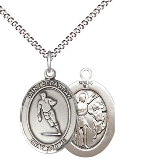 Everlasting Light Jewelry Medium Women's .925 Sterling Silver Saint St. Sebastian Rugby Pendant Necklace on 18 Inch Rhodium Plated Lite Curb Brass Chain – Patron Saint St. of Athletes & Soldiers, Catholic Medal – Velvet Gift Box Included