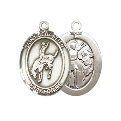Medium Men's .925 Sterling Silver Saint St. Sebastian Rugby Medal Pendant on 24 Inch Endless Rhodium Plated Heavy Curb Brass Chain, Catholic Religious Necklace - Made in USA- Deluxe Velvet Gift Box