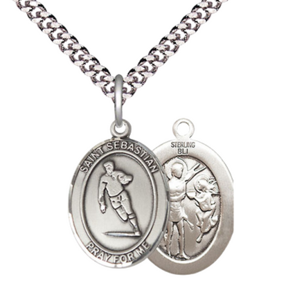 Medium Men's .925 Sterling Silver Saint St. Sebastian Rugby Medal Pendant on 24 Inch Endless Rhodium Plated Heavy Curb Brass Chain, Catholic Religious Necklace - Made in USA- Deluxe Velvet Gift Box