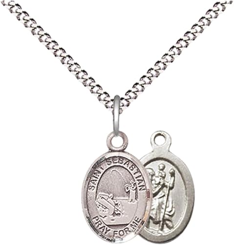Everlasting Light Jewelry Medium Women's Pewter Saint St. Sebastian Fishing Pendant Necklace on 18- inch Rhodium- Plated Lite Curb Brass Chain – Patron Saint St. of Athletes & Soldiers, Catholic Medal – Velvet Gift Box Included
