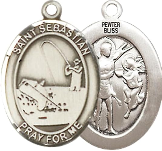Medium Men's Pewter Saint St. Sebastian Fishing Medal Pendant on 24 Inch Endless Rhodium Plated Heavy Curb Brass Chain, Catholic Religious Necklace - Made in USA- Deluxe Velvet Gift Box