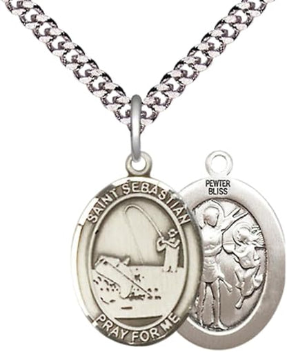 Medium Men's Pewter Saint St. Sebastian Fishing Medal Pendant on 24 Inch Endless Rhodium Plated Heavy Curb Brass Chain, Catholic Religious Necklace - Made in USA- Deluxe Velvet Gift Box