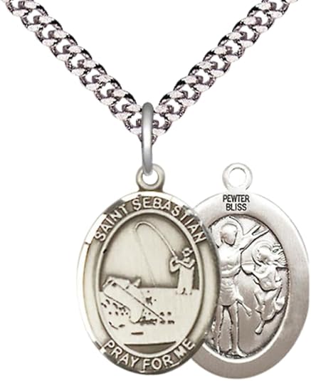 Medium Men's Pewter Saint St. Sebastian Fishing Medal Pendant on 24 Inch Endless Rhodium Plated Heavy Curb Brass Chain, Catholic Religious Necklace - Made in USA- Deluxe Velvet Gift Box