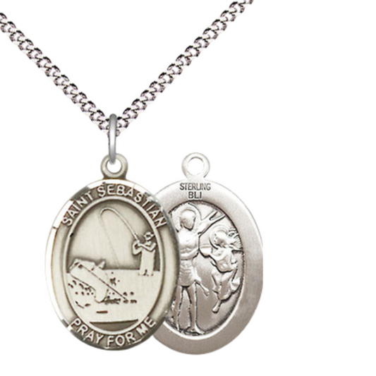 Medium Women's Sterling Silver Saint Sebastian Football Pendant Necklace on 18" Rhodium Plated Lite Curb Brass Chain – Patron Saint of Athletes & Soldiers – Velvet Gift Box Included