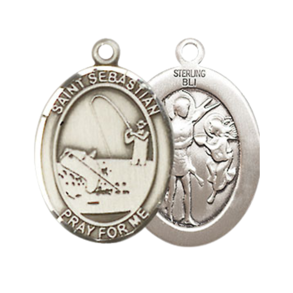 Medium Men's .925 Sterling Silver Saint St. Sebastian Fishing Medal Pendant on 24 Inch Endless Rhodium Plated Heavy Curb Brass Chain, Catholic Religious Necklace - Made in USA- Deluxe Velvet Gift Box