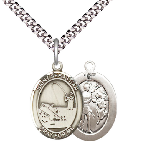 Medium Men's .925 Sterling Silver Saint St. Sebastian Fishing Medal Pendant on 24 Inch Endless Rhodium Plated Heavy Curb Brass Chain, Catholic Religious Necklace - Made in USA- Deluxe Velvet Gift Box