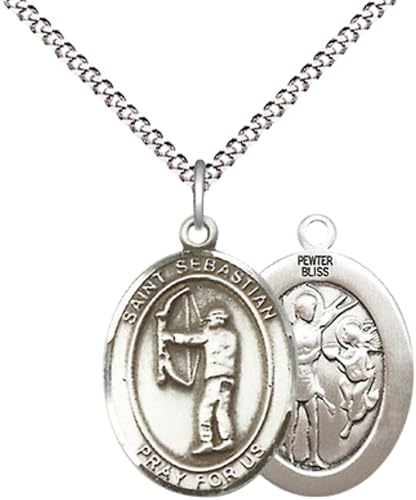 Everlasting Light Jewelry Medium Women's Pewter Saint St. Sebastian Archery Pendant Necklace on 18- inch Rhodium- Plated Lite Curb Brass Chain – Patron Saint St. of Athletes & Soldiers, Catholic Medal – Velvet Gift Box Included