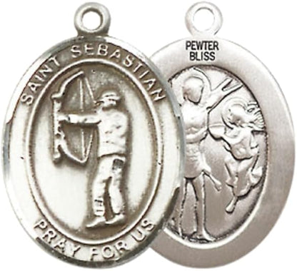Everlasting Light Jewelry Medium Women's Pewter Saint St. Sebastian Archery Pendant Necklace on 18- inch Rhodium- Plated Lite Curb Brass Chain – Patron Saint St. of Athletes & Soldiers, Catholic Medal – Velvet Gift Box Included