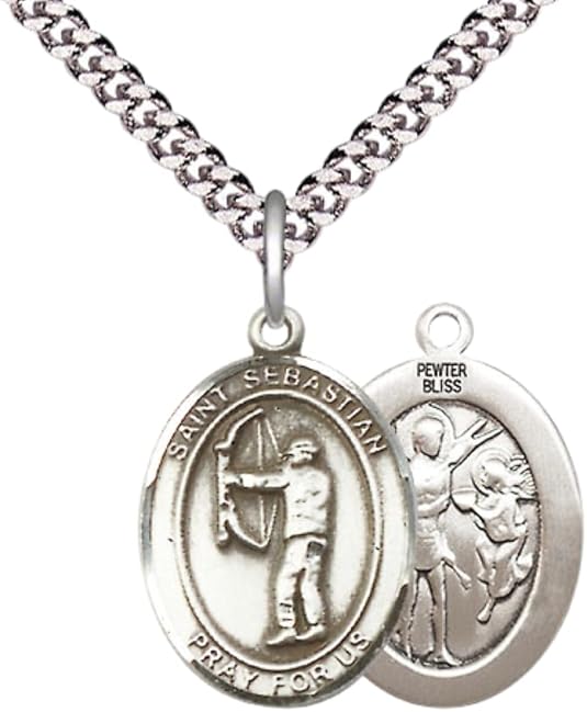 Mens Medium Oval Pewter Saint St. Sebastian Archery Medal Pendant on 24 Inch Rhodium Plated Heavy Curb Brass Chain w/ Lobster Claw Clasp, Catholic Religious Necklace - Made in USA- Velvet Gift Box