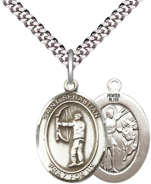 Medium Men's Pewter Saint St. Sebastian Archery Medal Pendant on 24 Inch Endless Rhodium Plated Heavy Curb Brass Chain, Catholic Religious Necklace - Made in USA- Deluxe Velvet Gift Box