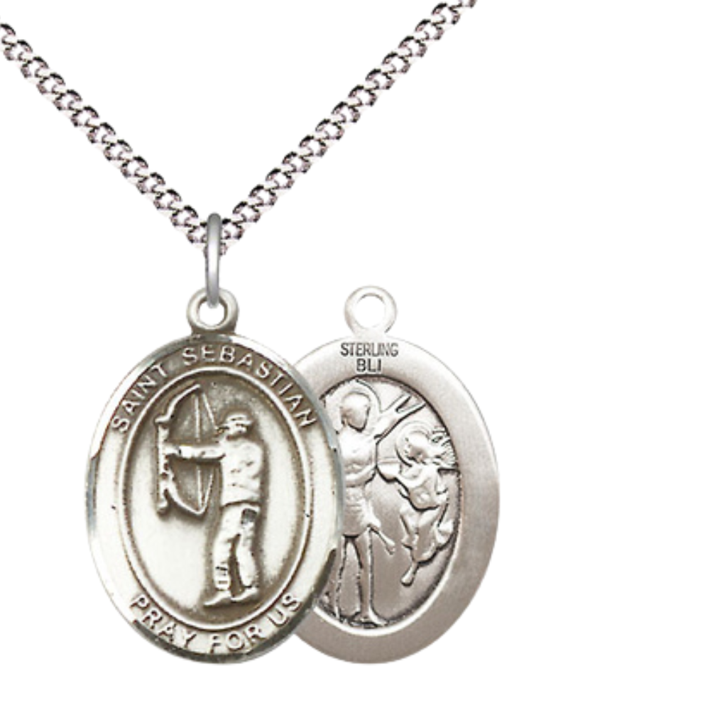 Everlasting Light Jewelry Medium Women's Sterling Silver Saint Sebastian Archery Pendant Necklace on 18" Rhodium Plated Lite Curb Brass Chain – Patron Saint of Athletes & Soldiers – Velvet Gift Box Included