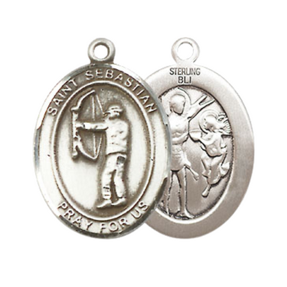 Medium Men's .925 Sterling Silver Saint St. Sebastian Archery Medal Pendant on 24 Inch Endless Rhodium Plated Heavy Curb Brass Chain, Catholic Religious Necklace - Made in USA- Deluxe Velvet Gift Box