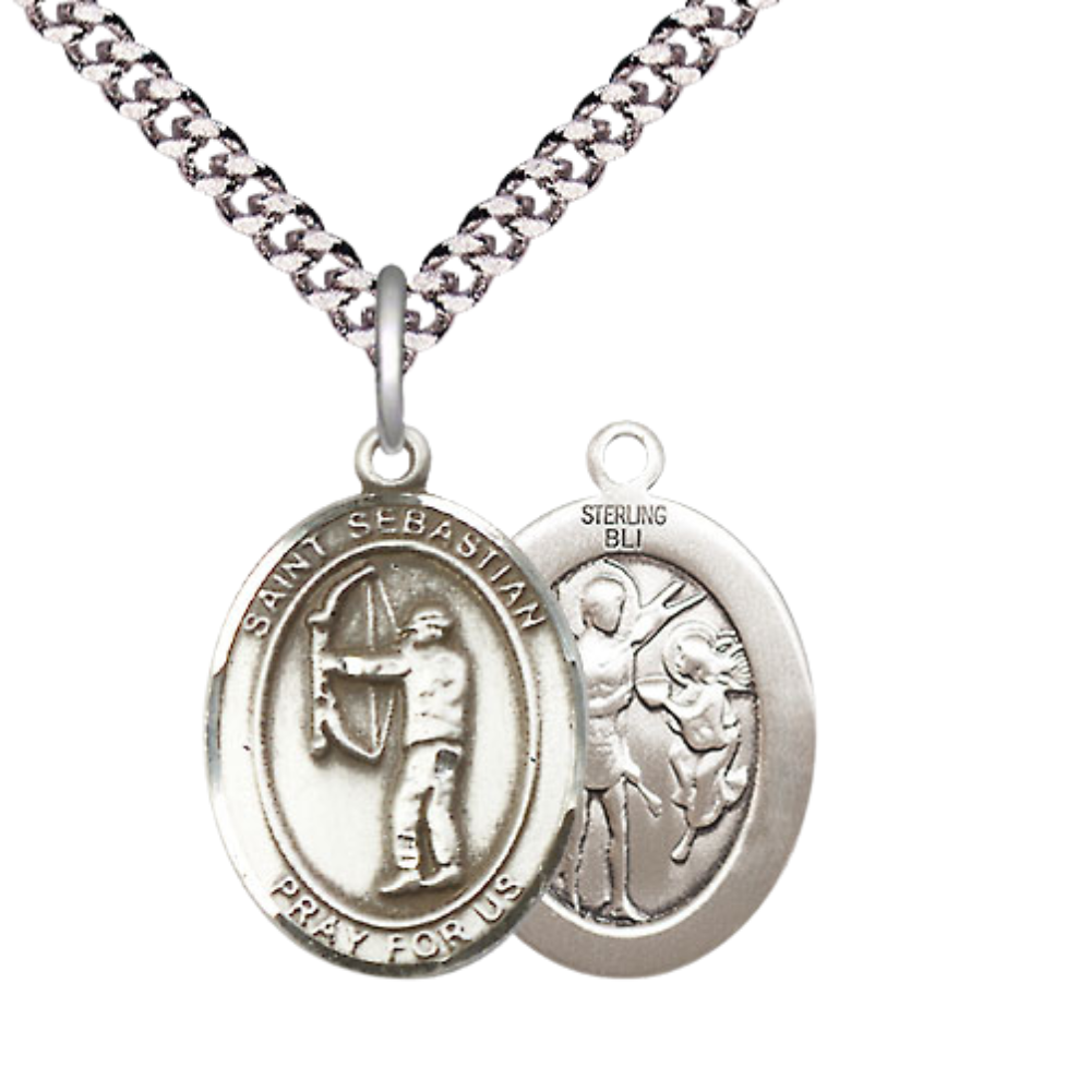 Medium Men's .925 Sterling Silver Saint St. Sebastian Archery Medal Pendant on 24 Inch Endless Rhodium Plated Heavy Curb Brass Chain, Catholic Religious Necklace - Made in USA- Deluxe Velvet Gift Box