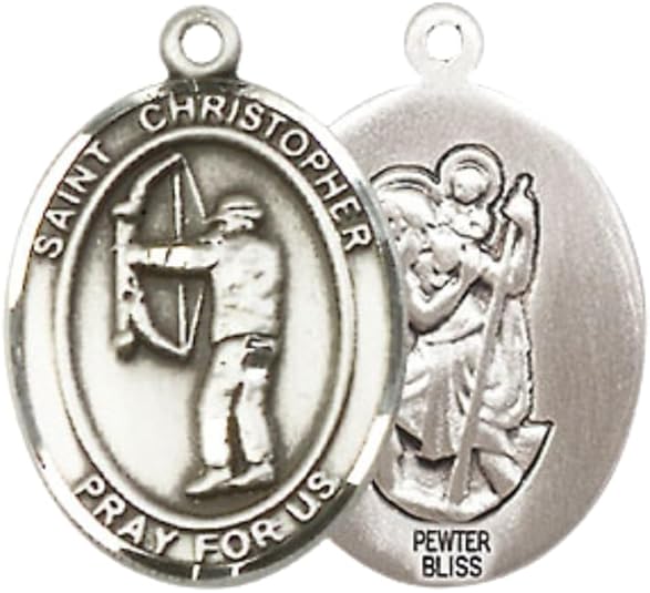 Everlasting Light Jewelry Medium Women's Pewter Saint St. Christopher Archery Pendant Necklace on 18- inch Rhodium- Plated Lite Curb Brass Chain – Patron Saint St. of Travelers & Motorists, Catholic Medal – Velvet Gift Box Included