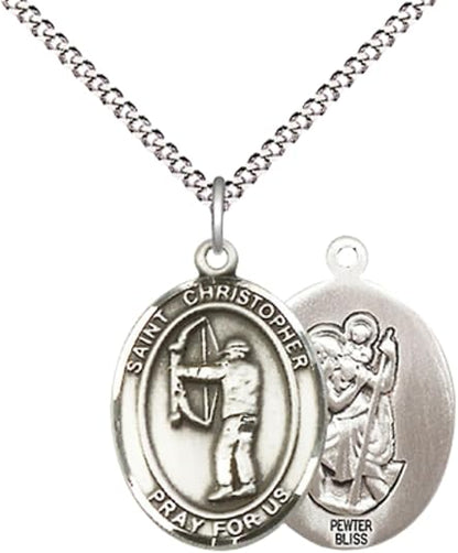 Everlasting Light Jewelry Medium Women's Pewter Saint St. Christopher Archery Pendant Necklace on 18- inch Rhodium- Plated Lite Curb Brass Chain – Patron Saint St. of Travelers & Motorists, Catholic Medal – Velvet Gift Box Included