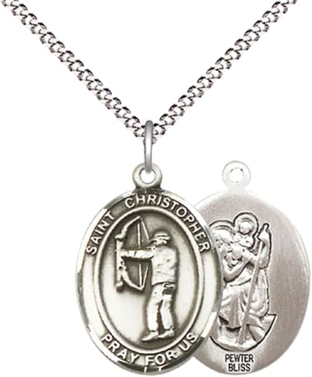 Everlasting Light Jewelry Medium Women's Pewter Saint St. Christopher Archery Pendant Necklace on 18- inch Rhodium- Plated Lite Curb Brass Chain – Patron Saint St. of Travelers & Motorists, Catholic Medal – Velvet Gift Box Included
