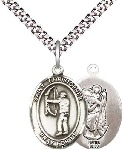 Medium Men's Pewter Saint St. Christopher Archery Medal Pendant on 24 Inch Endless Rhodium Plated Heavy Curb Brass Chain, Catholic Religious Necklace - Made in USA- Deluxe Velvet Gift Box