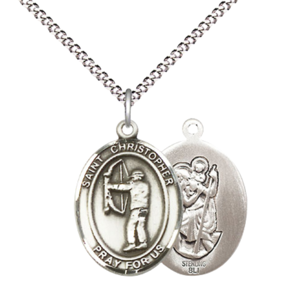 Medium Women's .925 Sterling Silver Saint St. Christopher Archery Pendant Necklace on 18 Inch Rhodium Plated Lite Curb Brass Chain – Patron Saint St. of Travelers/Motorists, Catholic Medal – Velvet Gift Box Included
