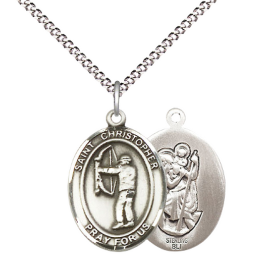 Medium Women's .925 Sterling Silver Saint St. Christopher Archery Pendant Necklace on 18 Inch Rhodium Plated Lite Curb Brass Chain – Patron Saint St. of Travelers/Motorists, Catholic Medal – Velvet Gift Box Included