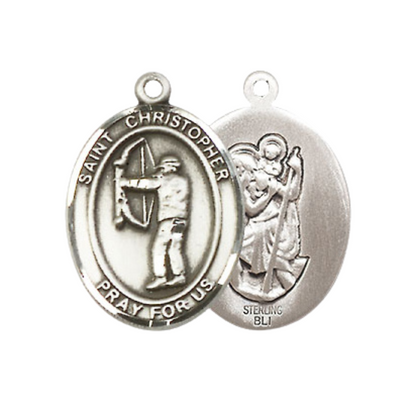 Medium Women's .925 Sterling Silver Saint St. Christopher Archery Pendant Necklace on 18 Inch Rhodium Plated Lite Curb Brass Chain – Patron Saint St. of Travelers/Motorists, Catholic Medal – Velvet Gift Box Included