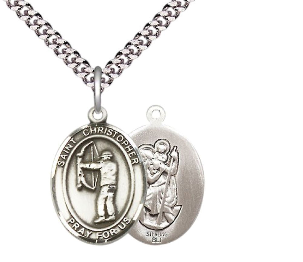 Medium Men's .925 Sterling Silver Saint Christopher Archery Medal Pendant on 24 Inch Endless Rhodium Plated Heavy Curb Brass Chain, Catholic Religious Necklace -Made in USA- Deluxe Velvet Gift Box