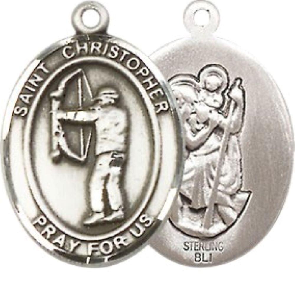 Medium Mens Oval .925 Sterling Silver Saint St. Christopher Archery Medal Pendant on 24 Inch Rhodium Plated Heavy Curb Brass Chain w/ Lobster Claw Clasp, Catholic Religious Necklace - Made in USA- Gift Boxed