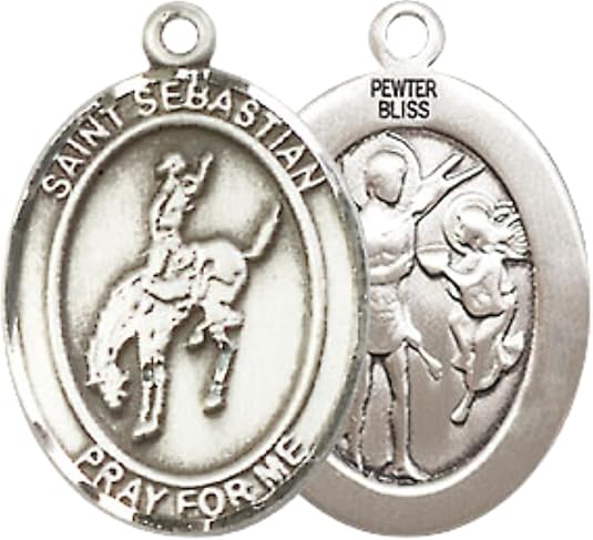 Medium Men's Pewter Saint St. Sebastian Rodeo Medal Pendant on 24 Inch Endless Rhodium Plated Heavy Curb Brass Chain, Catholic Religious Necklace - Made in USA- Deluxe Velvet Gift Box