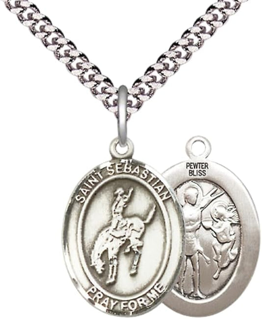 Medium Men's Pewter Saint St. Sebastian Rodeo Medal Pendant on 24 Inch Endless Rhodium Plated Heavy Curb Brass Chain, Catholic Religious Necklace - Made in USA- Deluxe Velvet Gift Box